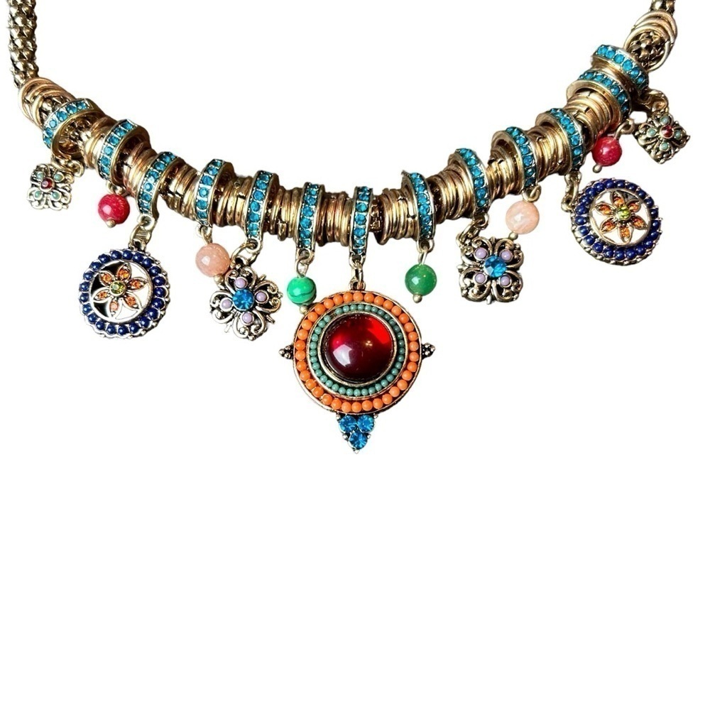 Gold Tone Necklace W/ Jewel Tone Beaded & Rhinestone Charms and Medallions - Picture 4 of 16